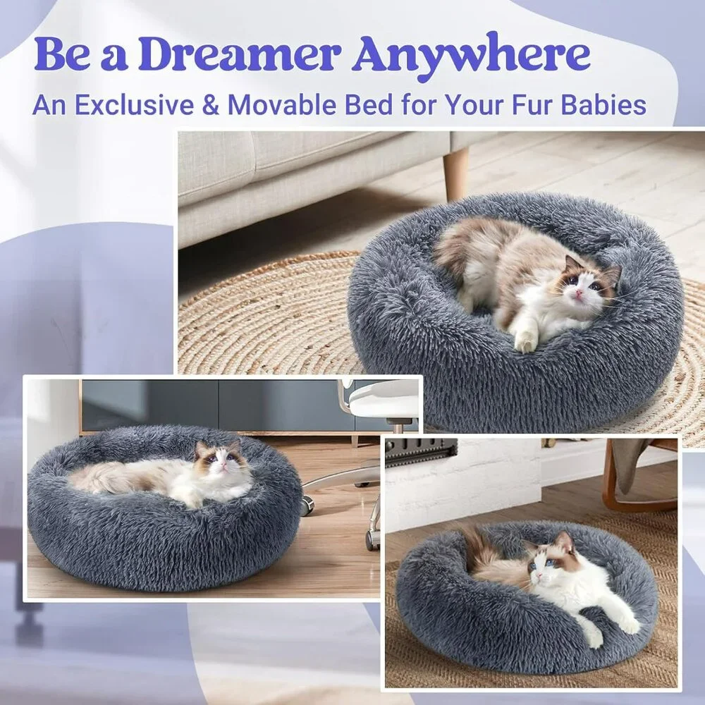 Cat Beds for Indoor Cats, 20 inches Cat Bed Machine Washable, Fluffy Round Pet B